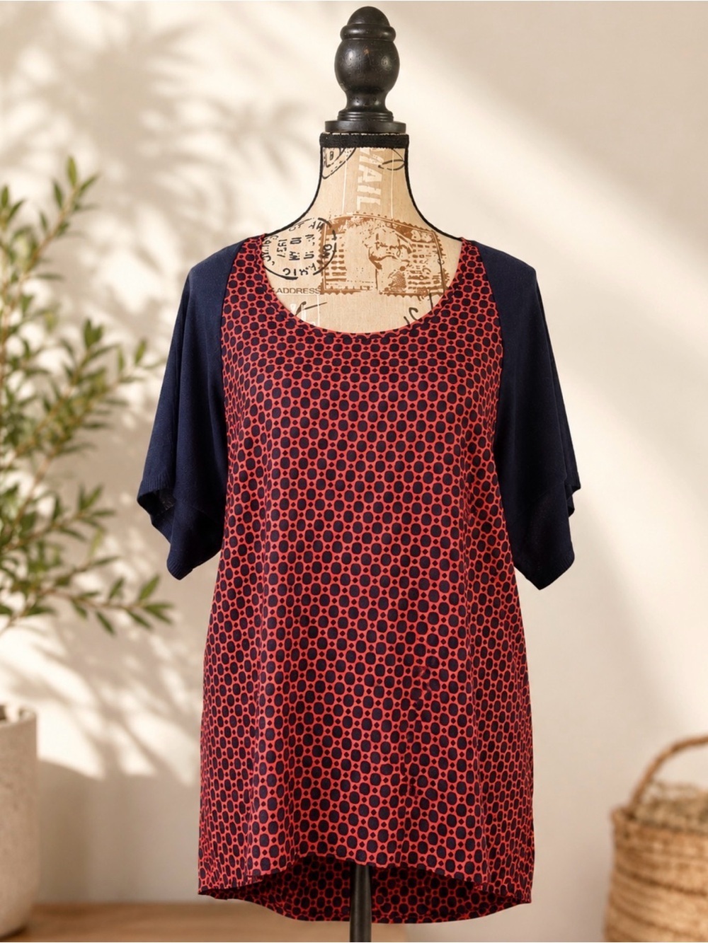 Anthropologie Canary Navy and Coral Geometric Print Mixed Media Tunic Top Small